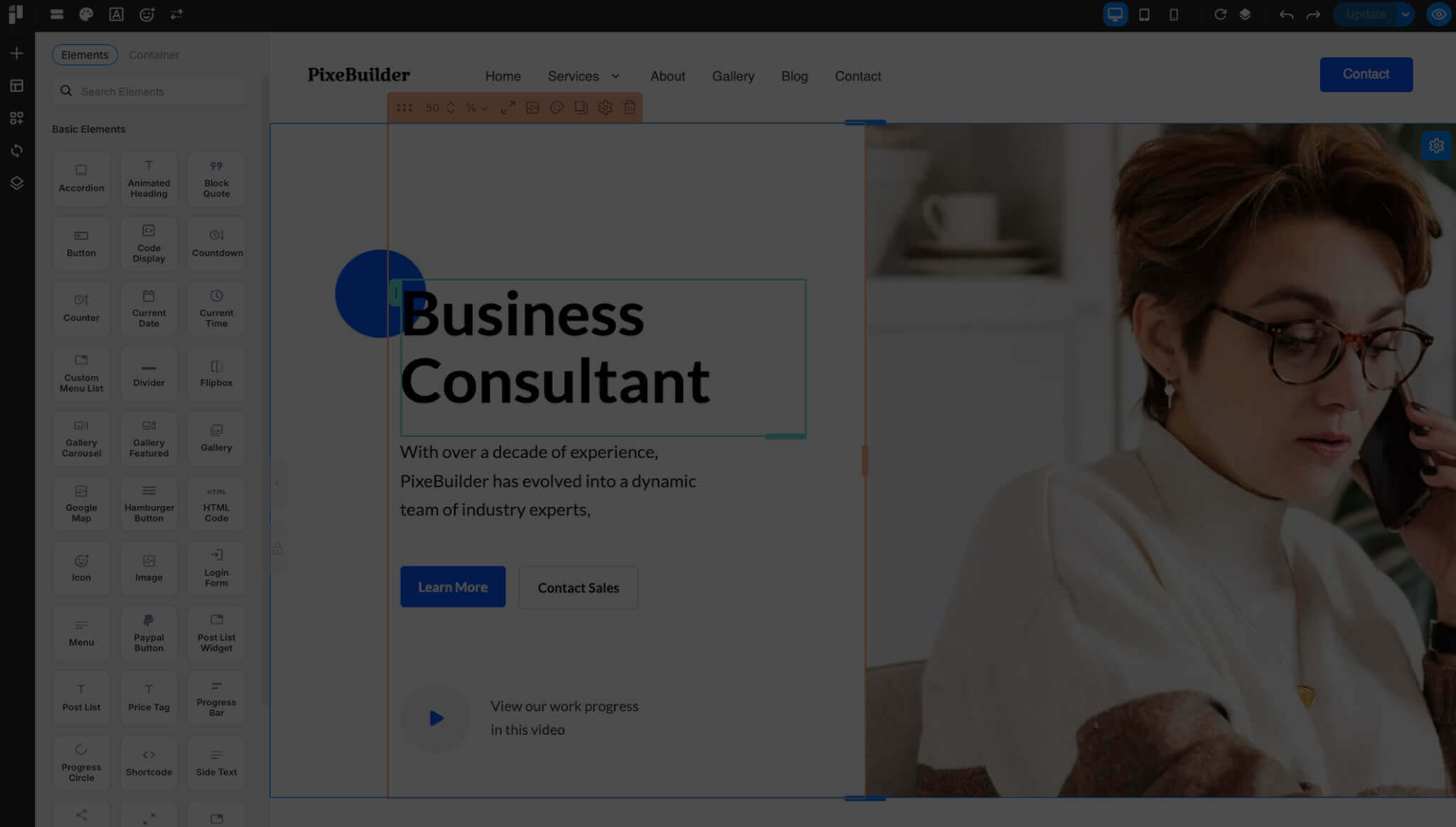 Video background section in page builder