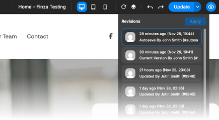 Page revision history feature interface