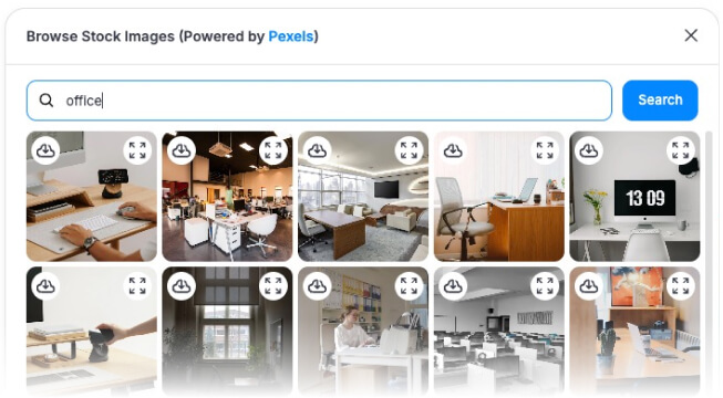 Stock image library feature in page builder
