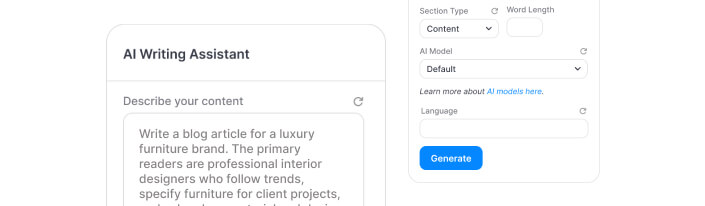 AI writing assistant interface in PixeBuilder editor